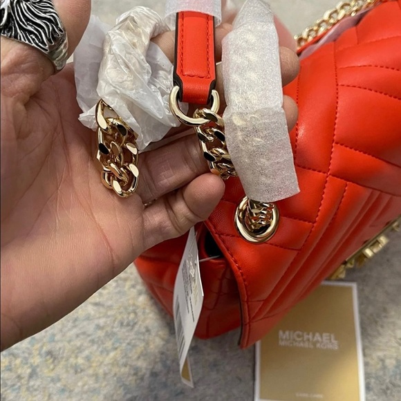 NWT Michael Kors Peyton Medium Quilted Flap Chainlink Shoulder Bag In Mandarin - Picture 8 of 13